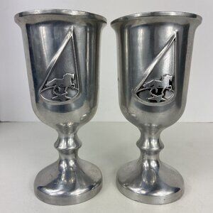 Set of 2 Vtg Pewtarex Pewter 7.25” Goblets Chalice Wine Water Horse Renaissance